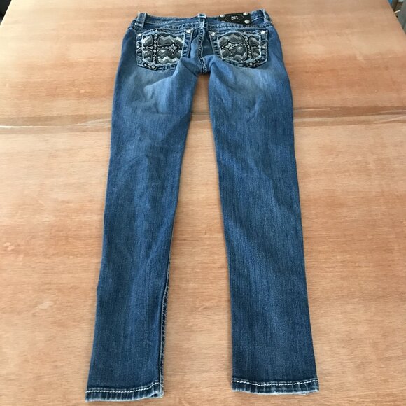 Miss Me Signature Skinny Jeans Women 25 Blue Mid Gothic Cross Sequins Rhinestone - Picture 3 of 15